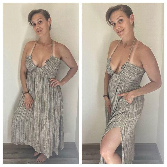 Promesa Halter Midi Dress Black Cream Back Tie Boho Vacation - Picture 3 of 13